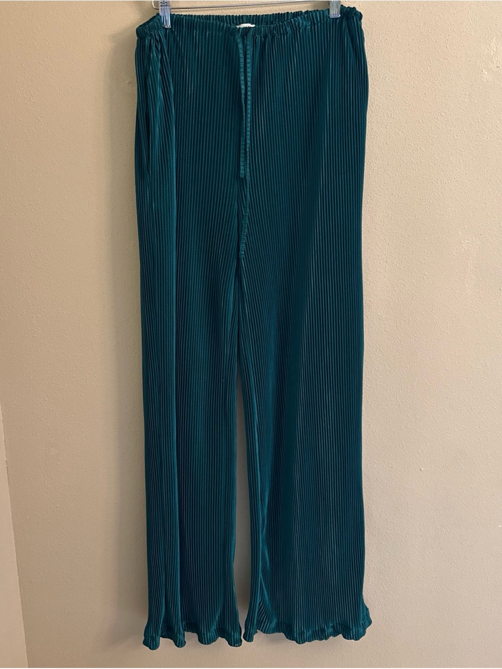 Dee Elly Anthropologie Pleated Green Pants Elastic Medium Wide Leg Inseam 33